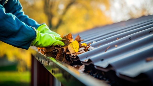 a person is cleaning a gutter of leaves from a roof .