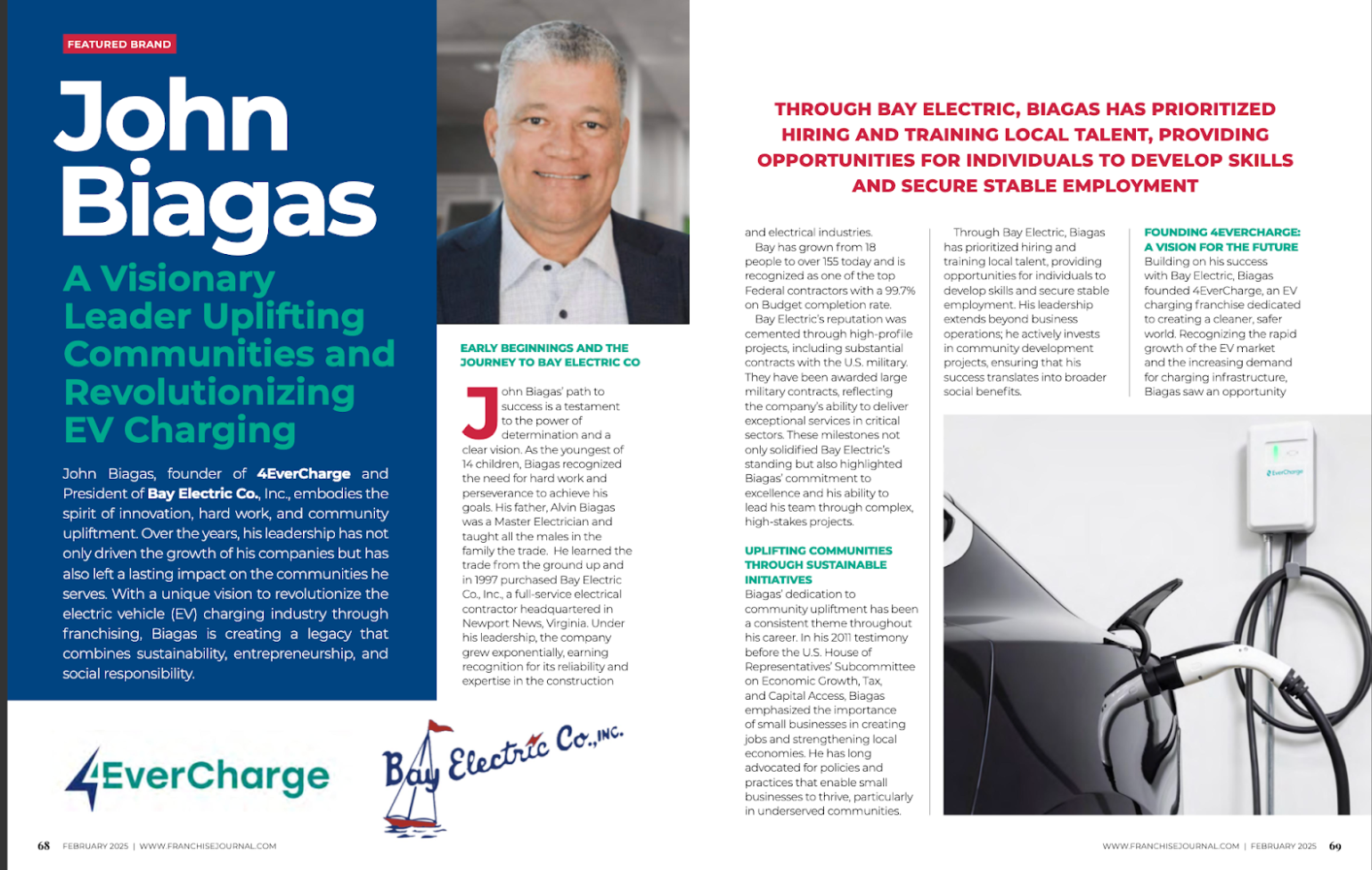 Article about John Biagas, CEO of Bay Electric, with his photo and EV charging station.