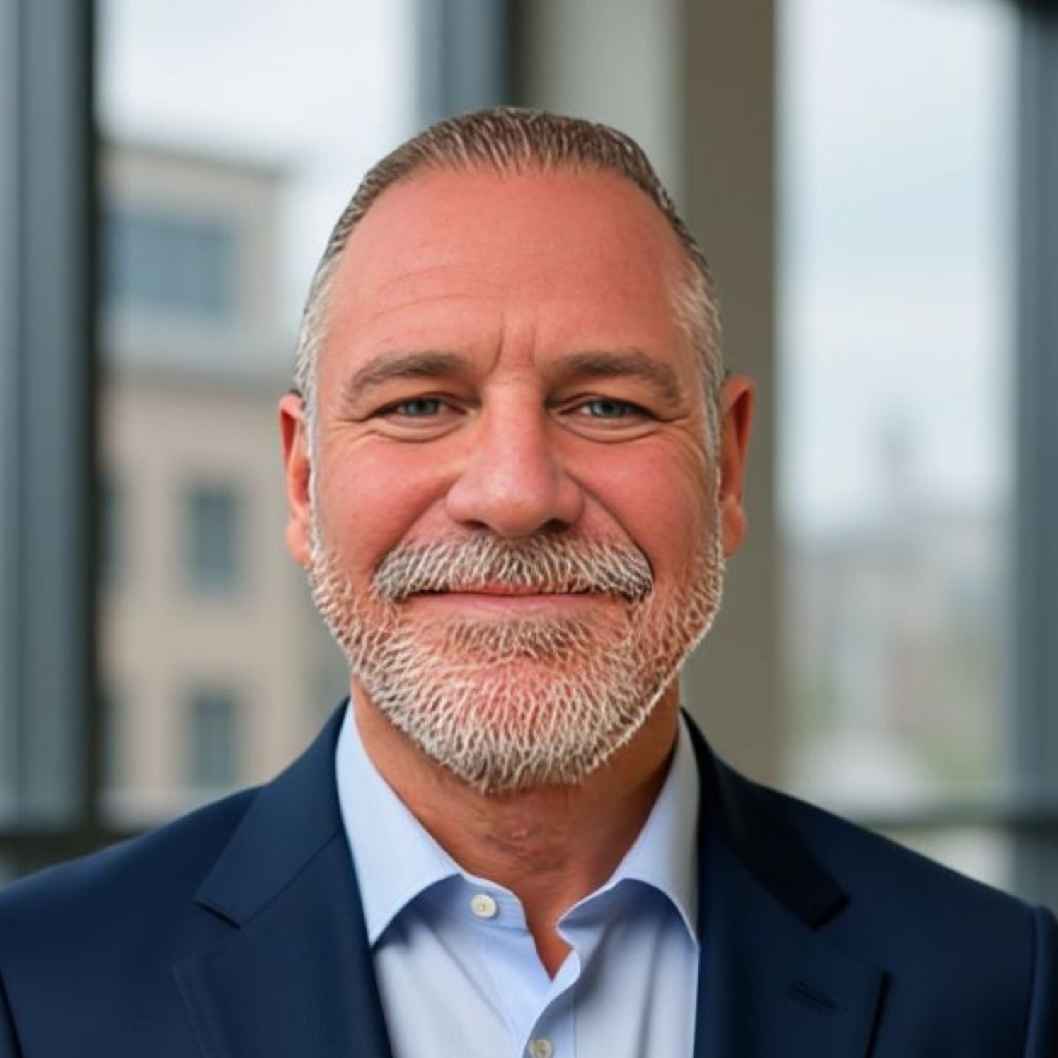 Man smiling, wearing a plaid shirt, in an office setting with desks and a hallway.