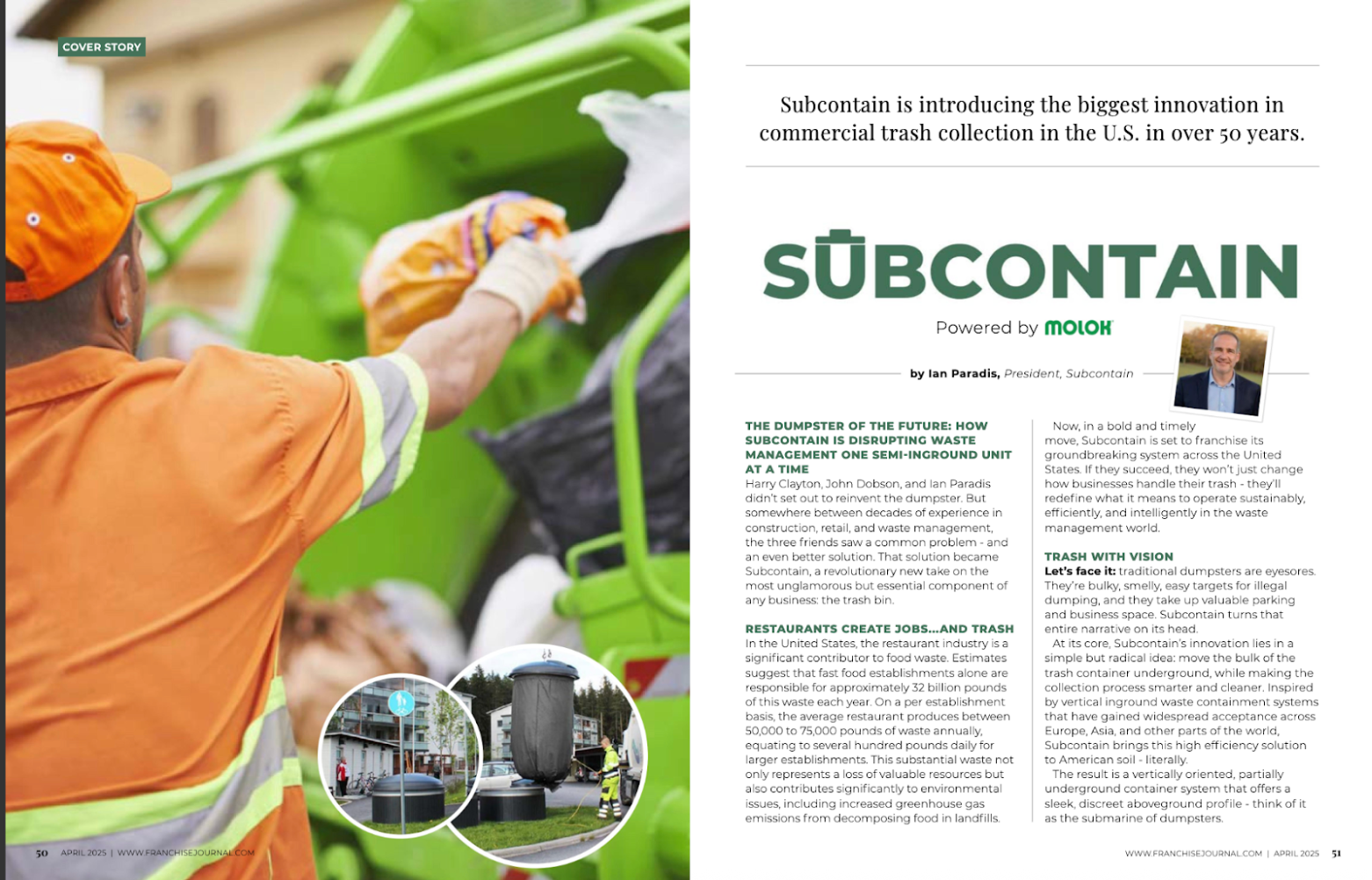 Garbage truck worker emptying trash into a green truck. Sub-container bins are visible.