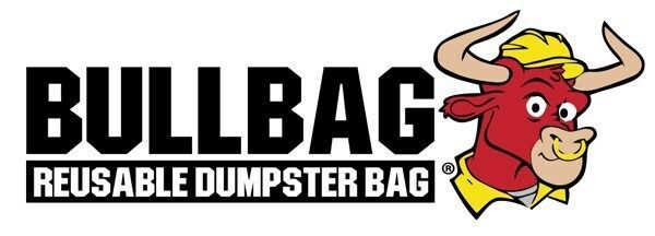 Logo for BullBag, a reusable dumpster bag. Includes a cartoon bull wearing a hard hat.