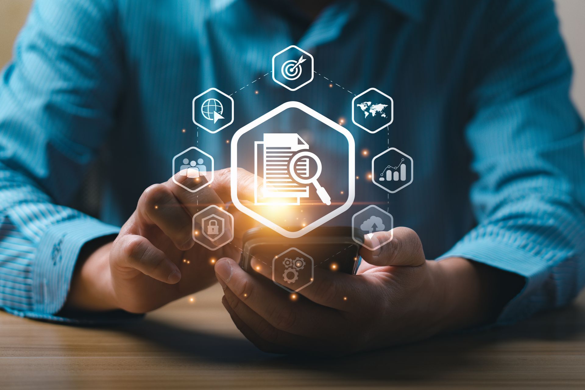 Person holding a phone, with a digital document icon surrounded by data analysis symbols.