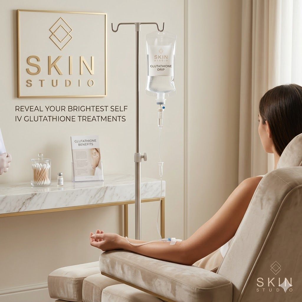 A person receiving an IV glutathione treatment in a modern, neutral-toned Skin Studio clinic setting.