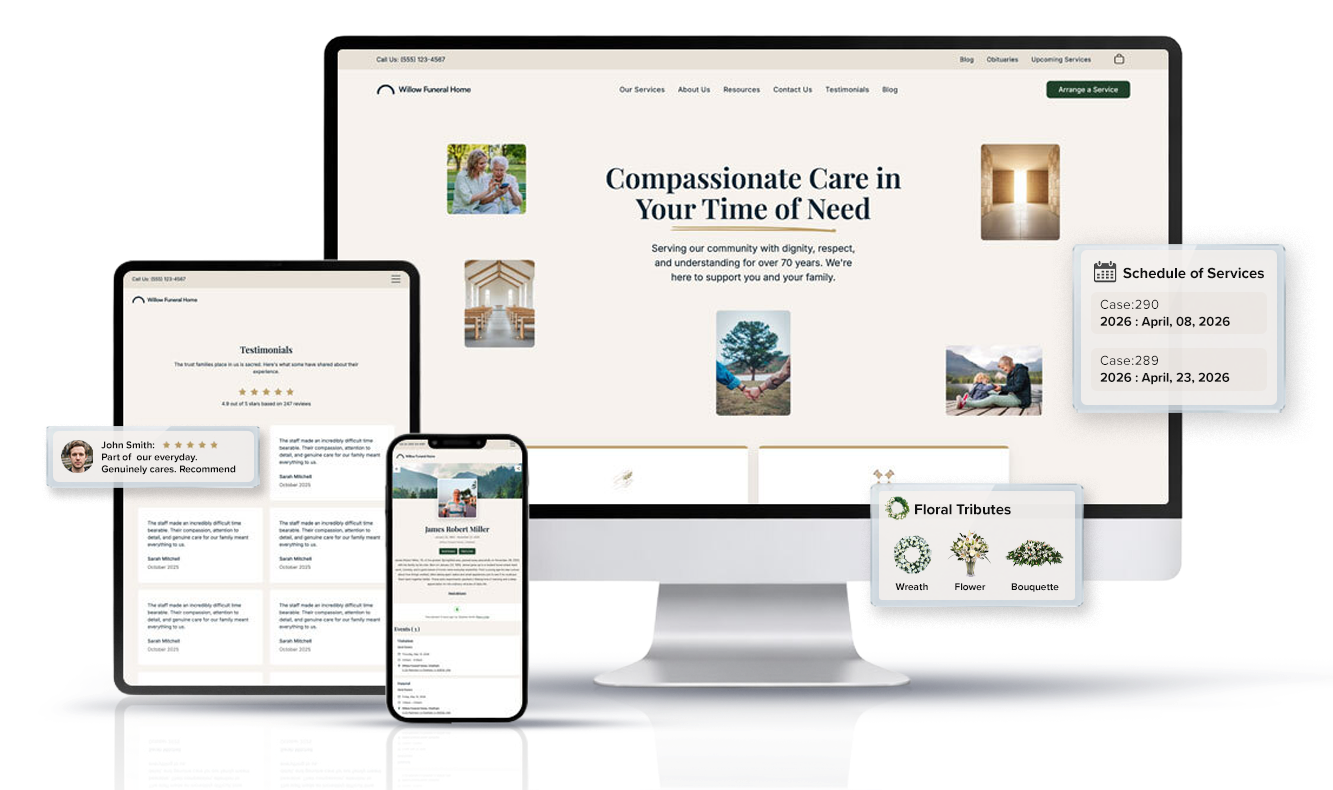 Screenshots of a website featuring profiles and family tree information. Soft colors with a focus on ancestry.