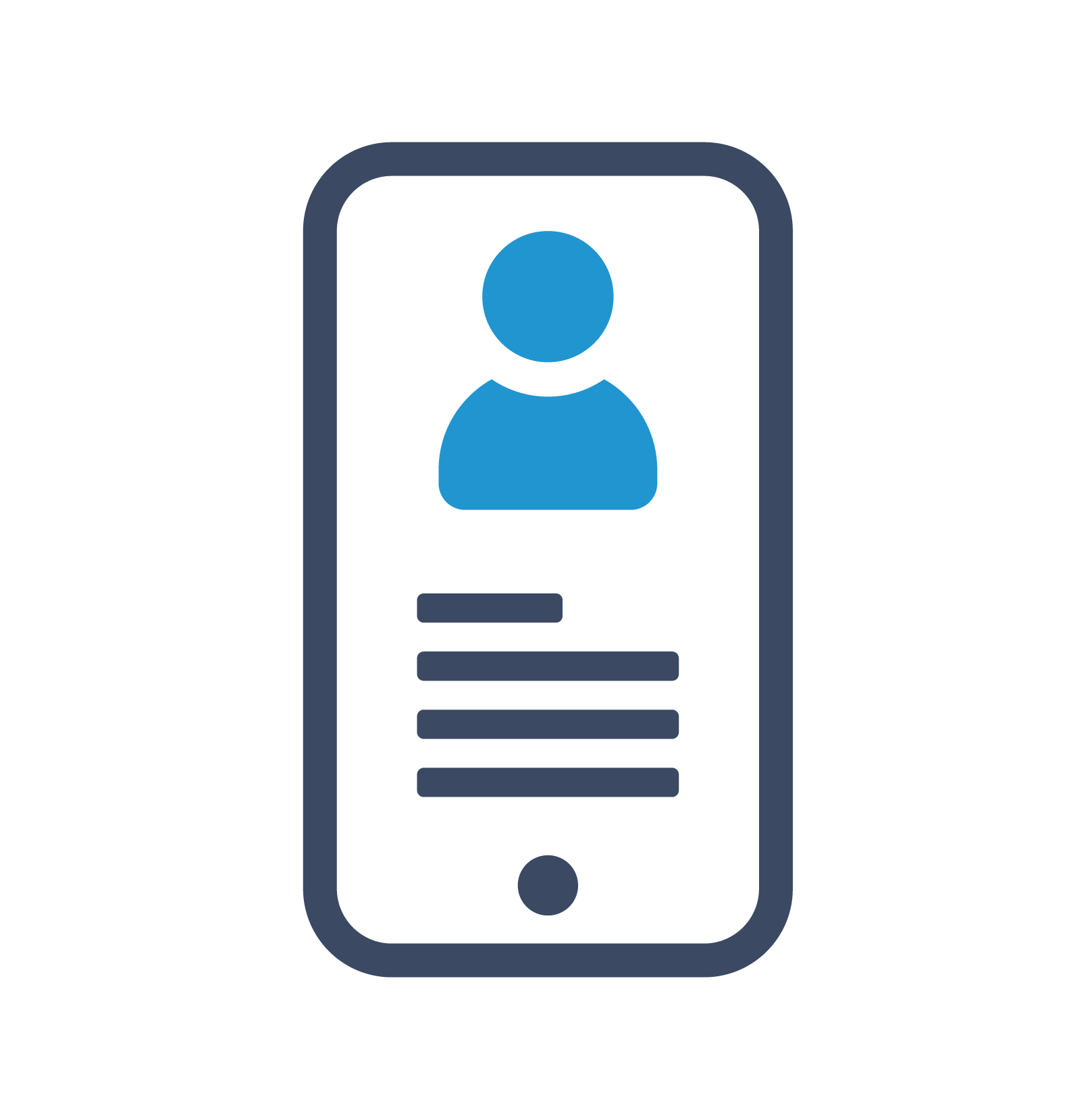 A dark-bordered smartphone icon displaying a blue user profile silhouette above several horizontal text lines.