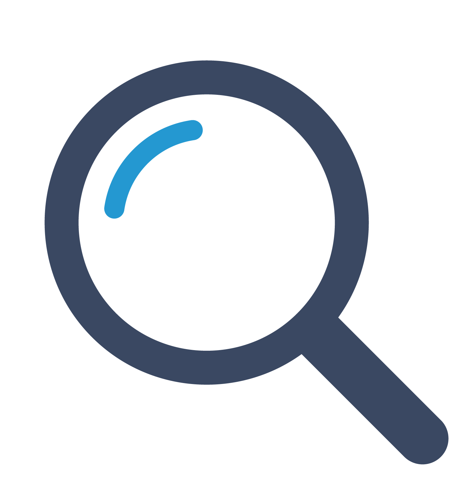 A dark blue magnifying glass icon with a light blue curved highlight in the top left corner.