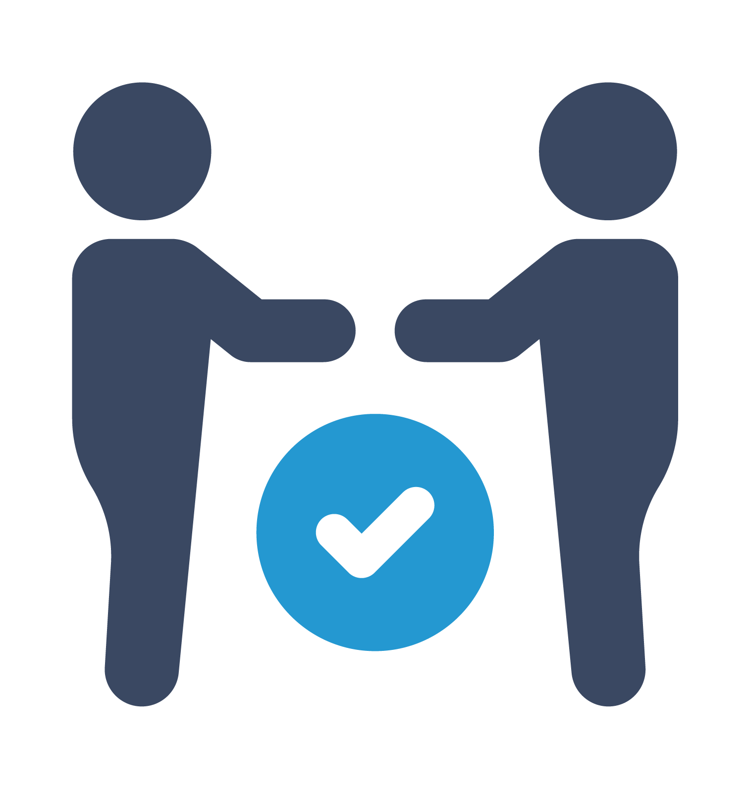Two dark blue figures facing each other with hands extended over a light blue circle containing a white checkmark.