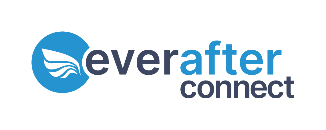 Logo with blue circle and stylized wings, text