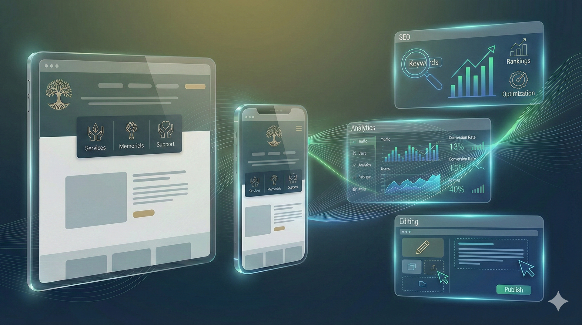 Tablet and phone displaying website with financial data dashboards, green and blue accents.