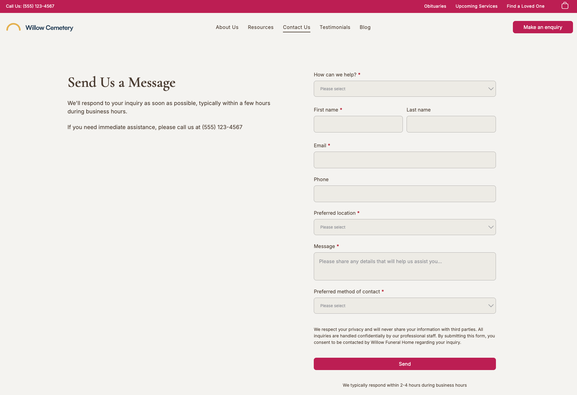 A contact form on the Holland Garden website with fields for name, email, phone, and inquiry details.