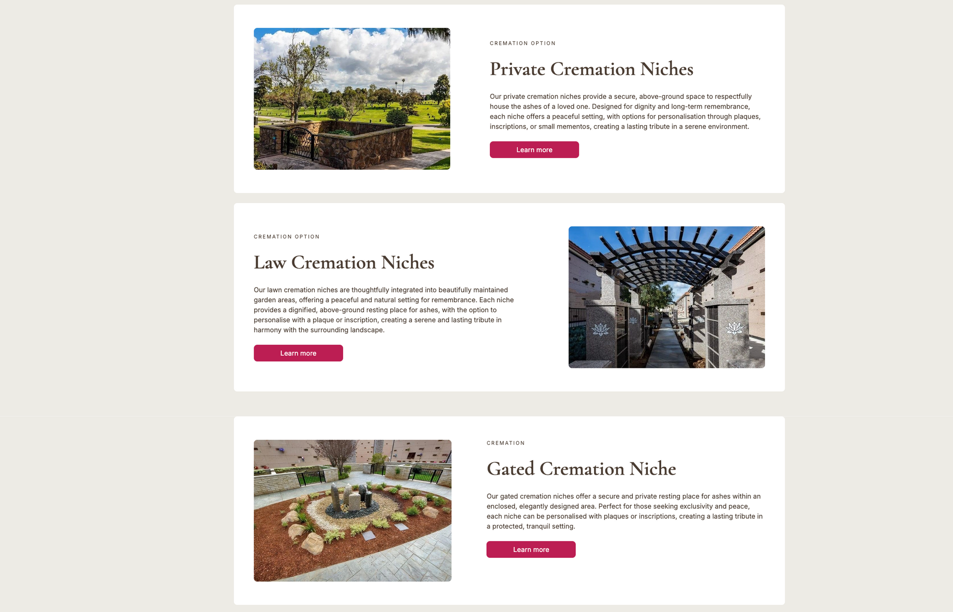 Online store displaying a grid of memorial products like trees, wreaths, and flower bouquets with filtering options.