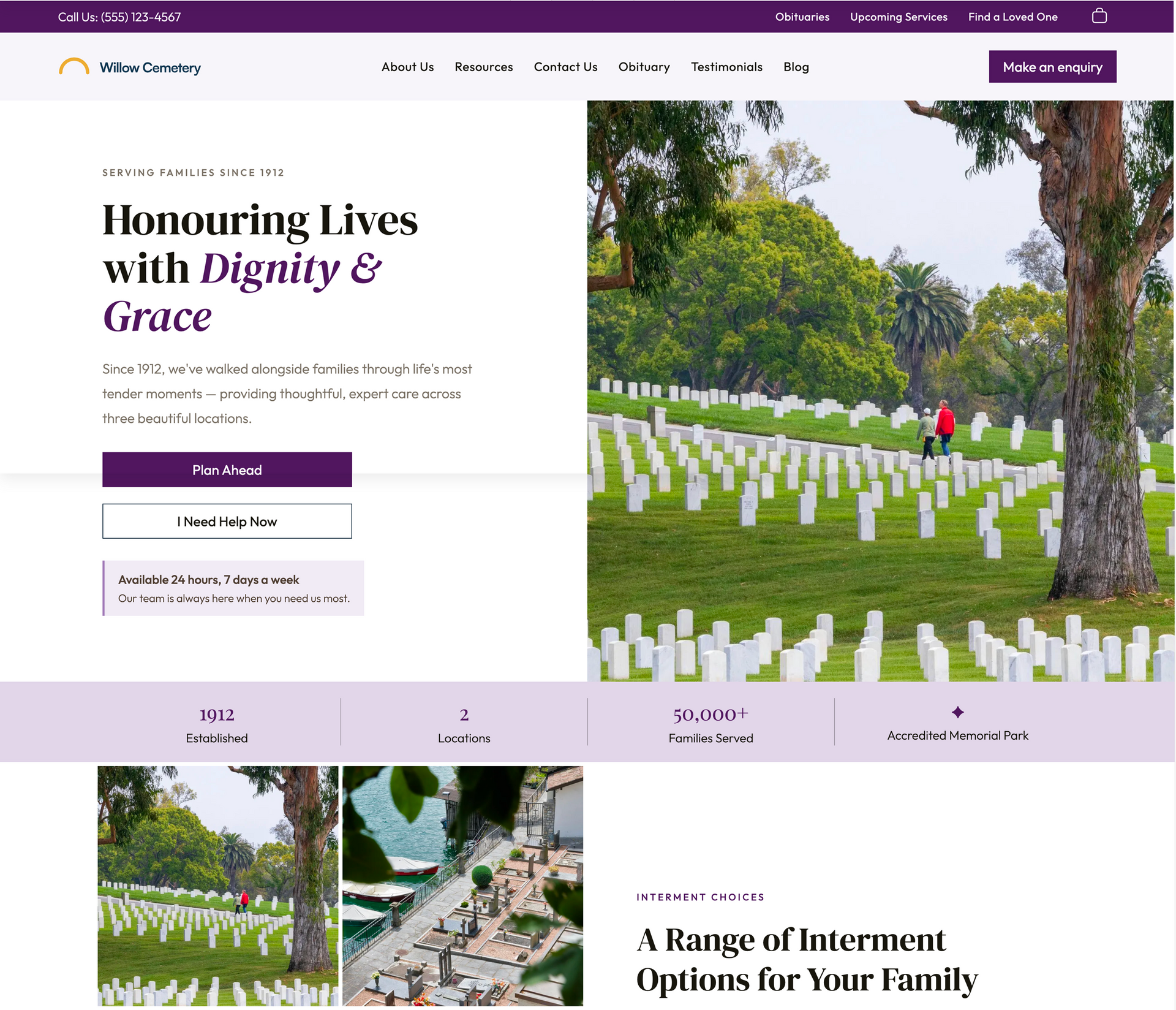 Homepage for Rookwood General Cemeteries Reserve Trust, featuring a tranquil cemetery landscape and service options.