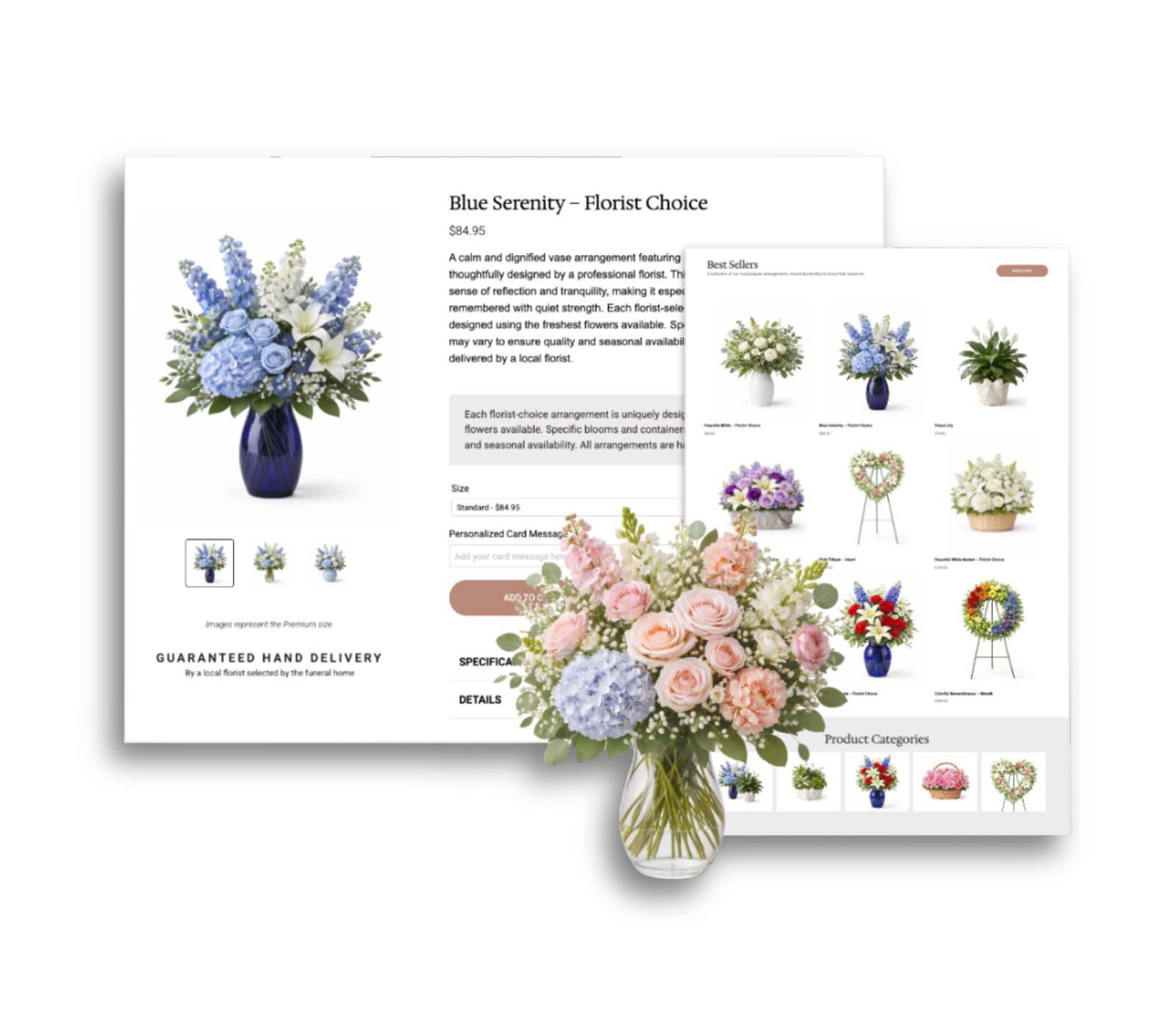 Online store displaying a grid of memorial products like trees, wreaths, and flower bouquets with filtering options.