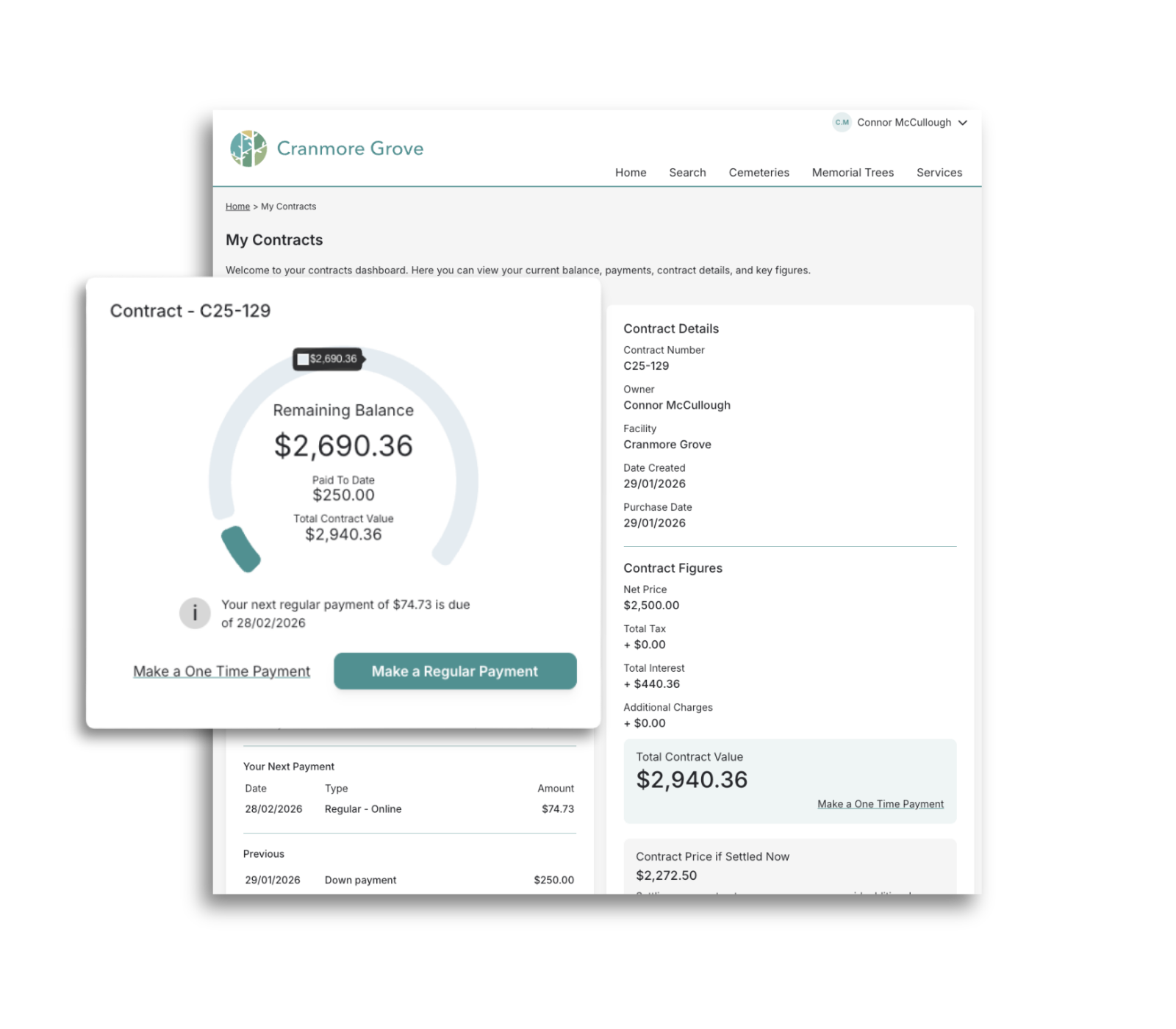 Financial dashboard displaying contract details and payment history.
