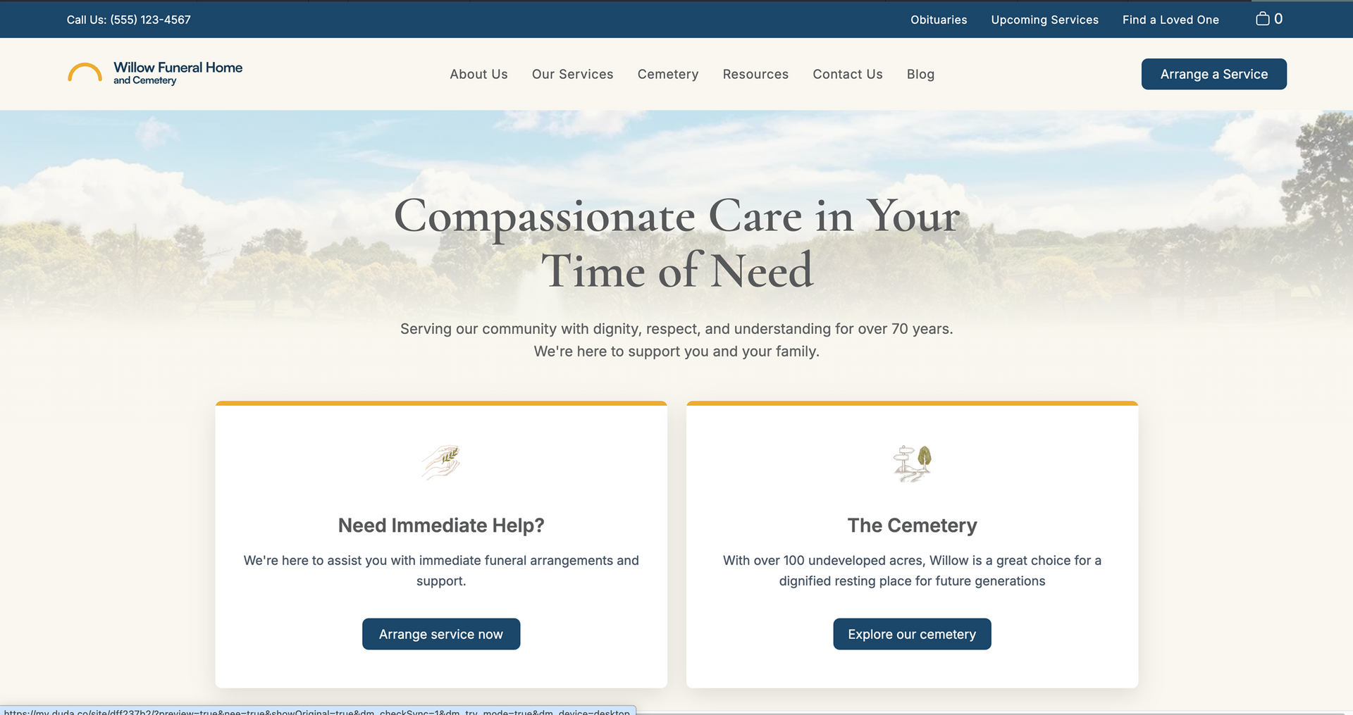 Home page for Glen Lawn Funeral Home and Cemetery featuring a serene landscape background and service navigation buttons.