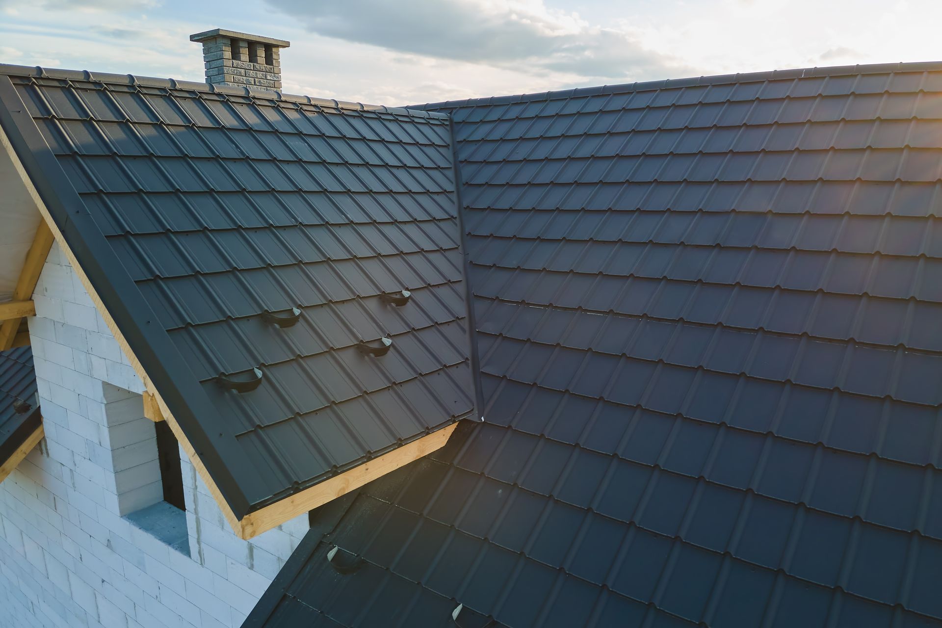 An aerial view of a roof of a house under construction.