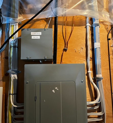 Electrical panel and junction box on wooden wall with bundled wires.