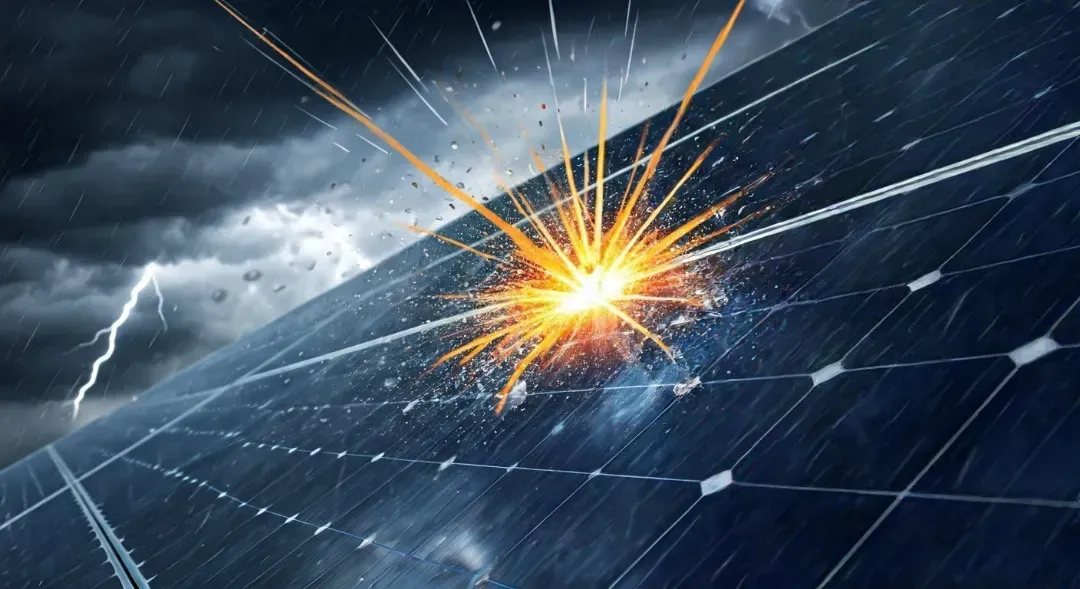 Solar panel struck by lightning during a storm, with sparks and dark clouds.