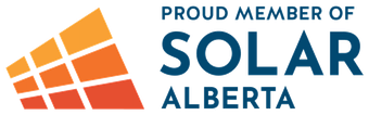Logo for Solar Alberta with orange, yellow, and red solar panel graphic and blue text.