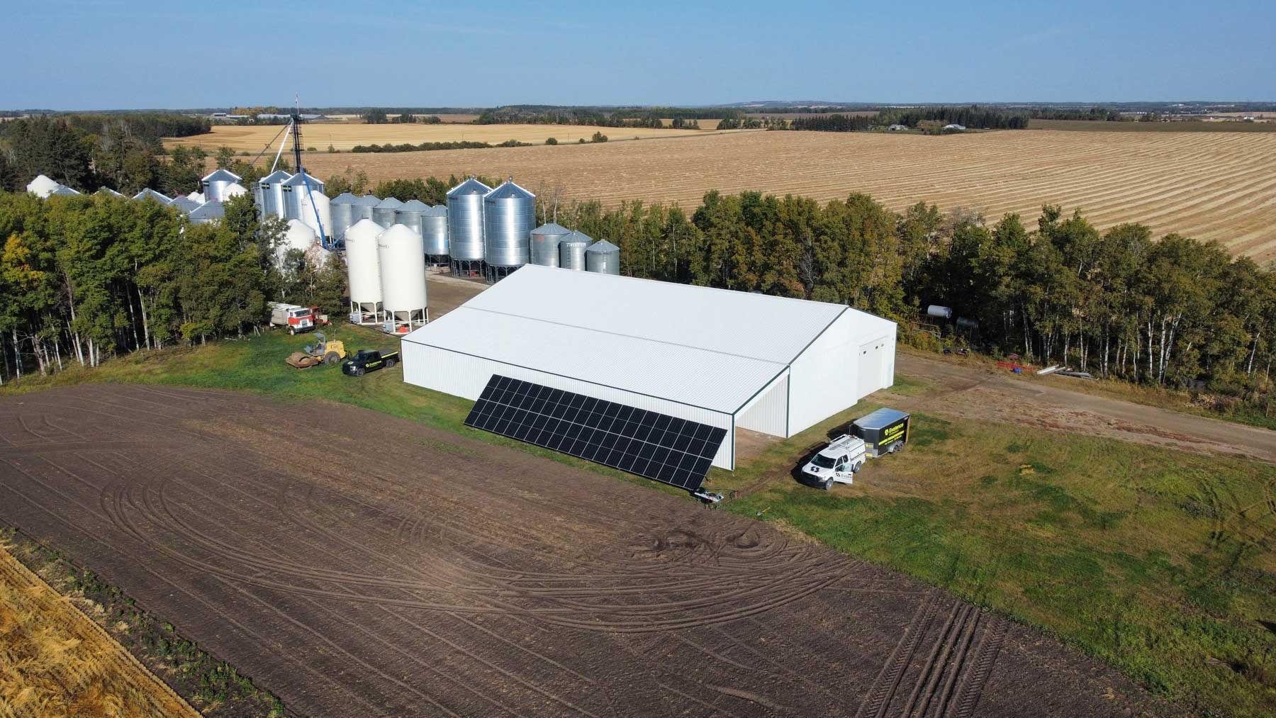 Solar panel array in grassy field with trees in the background.