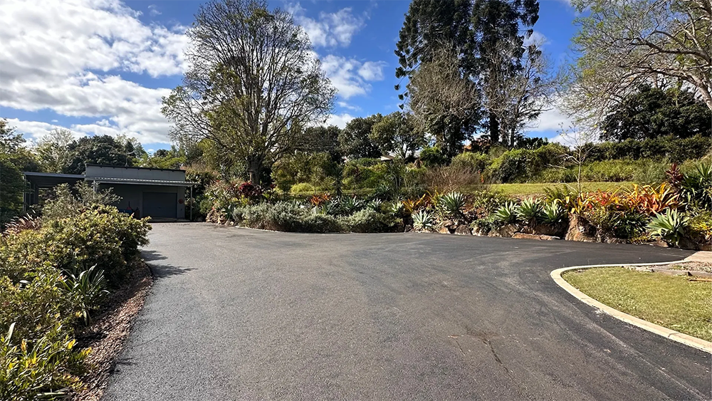 Asphalt Driveway Curves Towards a Dark Garage Surrounded by Plants