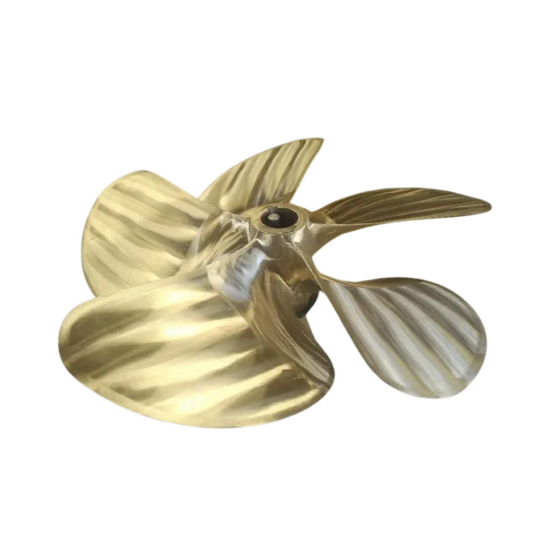 A close up of a brass propeller on a white background