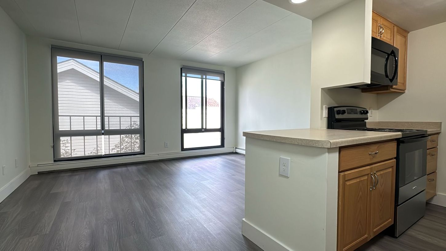An empty apartment with a kitchen and a living room.