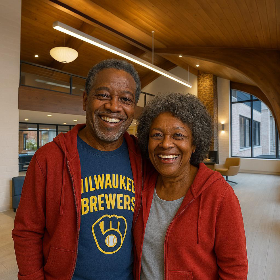 A man wearing a milwaukee brewers shirt stands next to a woman