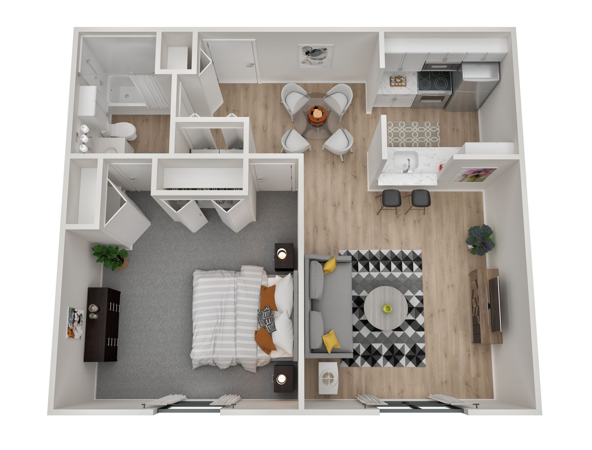 A 3d floor plan of a small apartment with a bedroom , living room , and kitchen.