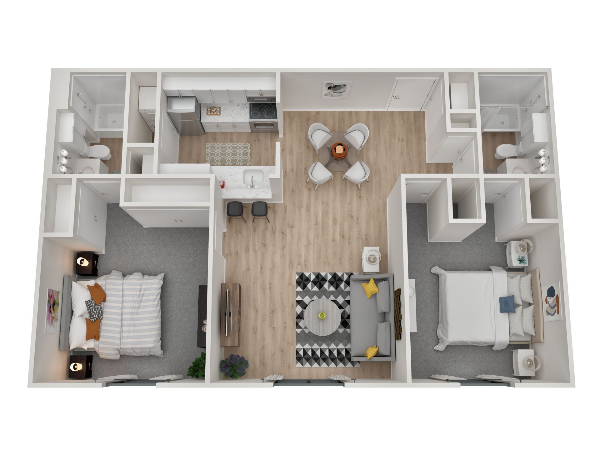 A 3d floor plan of a house with two bedrooms and a living room.