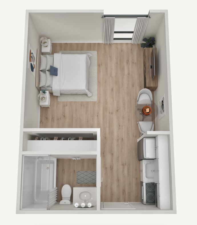 An aerial view of a small apartment with a bedroom , bathroom , and kitchen.