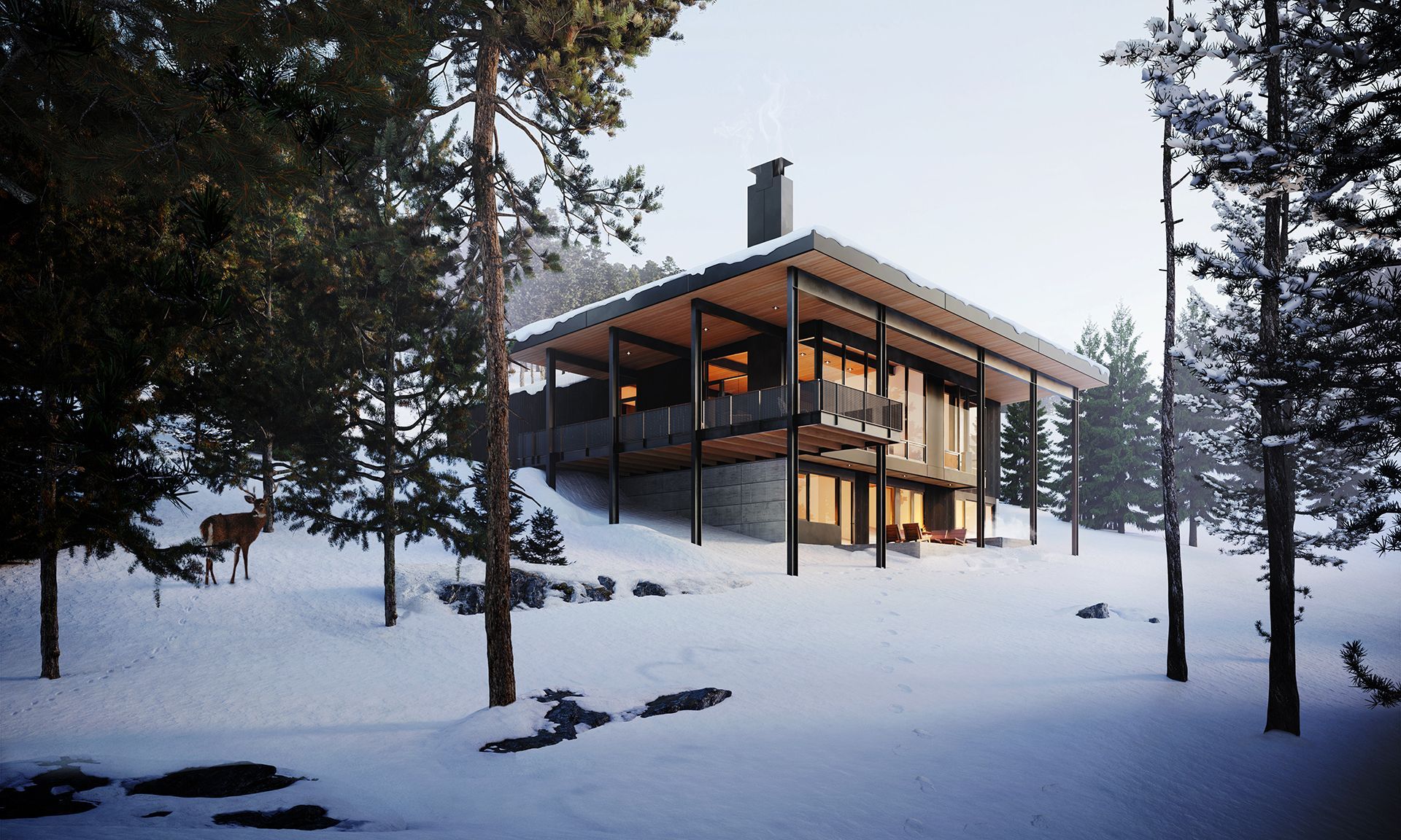 a house is sitting in the middle of a snowy forest surrounded by trees .