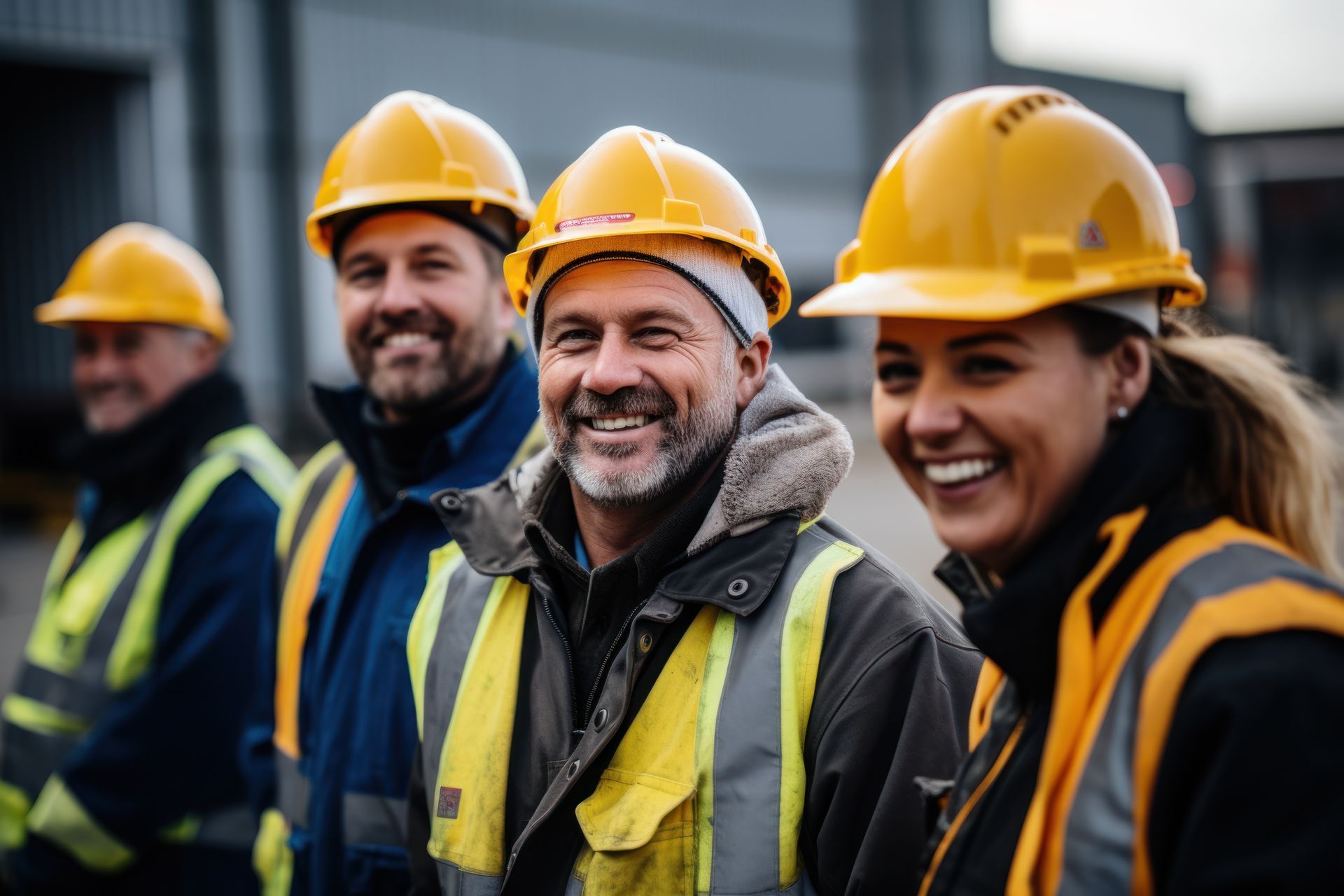 A group of construction workers wearing hard hats and safety vests are smiling for the camera.