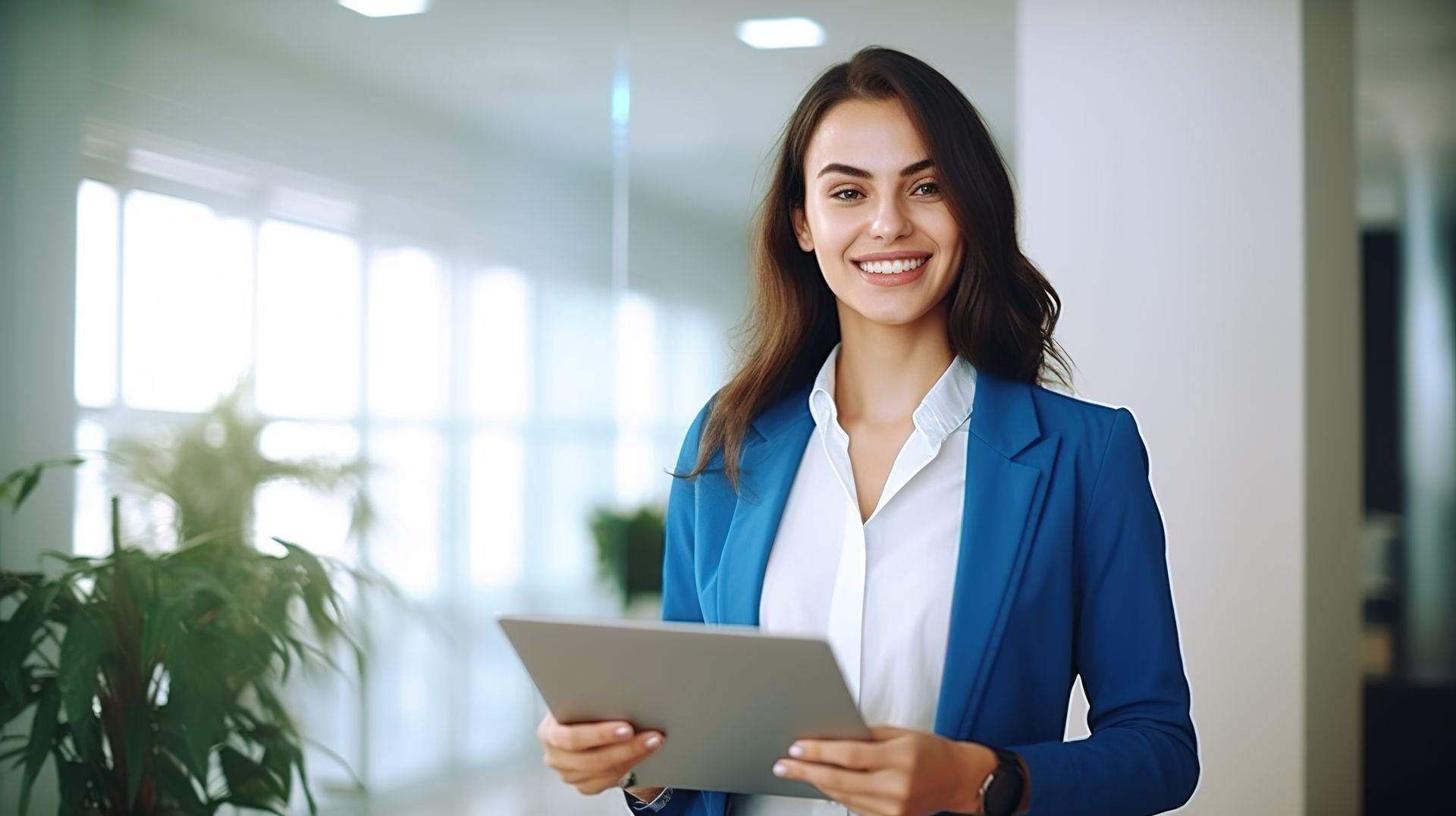 A woman in a blue jacket is holding a tablet and smiling.