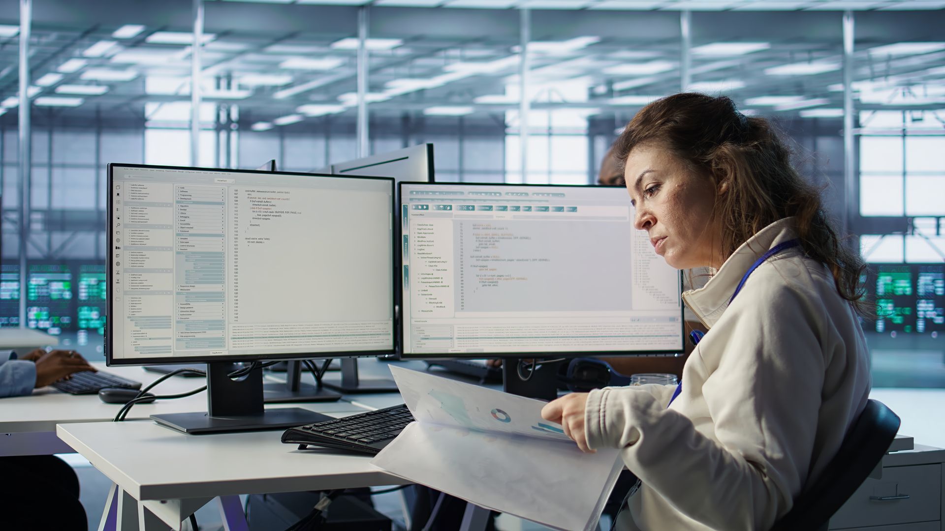 Woman working at a computer with two monitors, looking at documents in an office. The setting is modern and spacious.