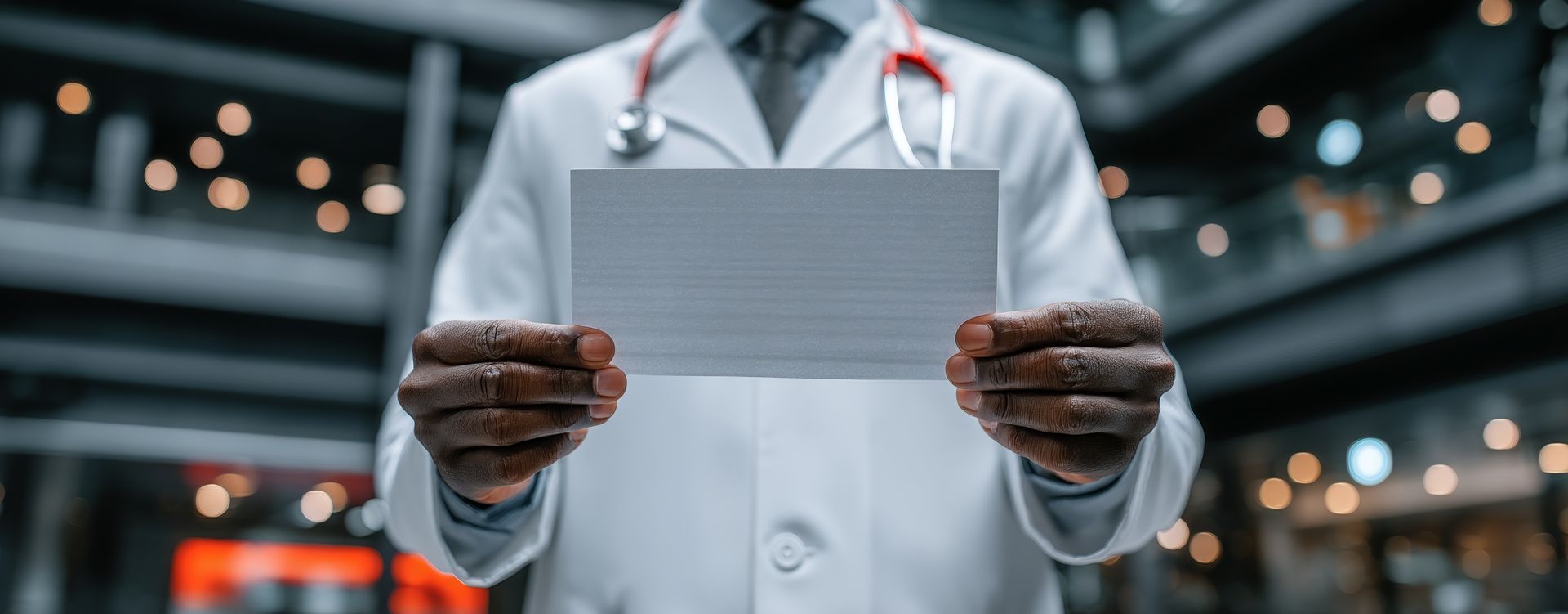 A doctor holding a blank card in front of his white coat and red stethoscope. The setting has a blurry background.
