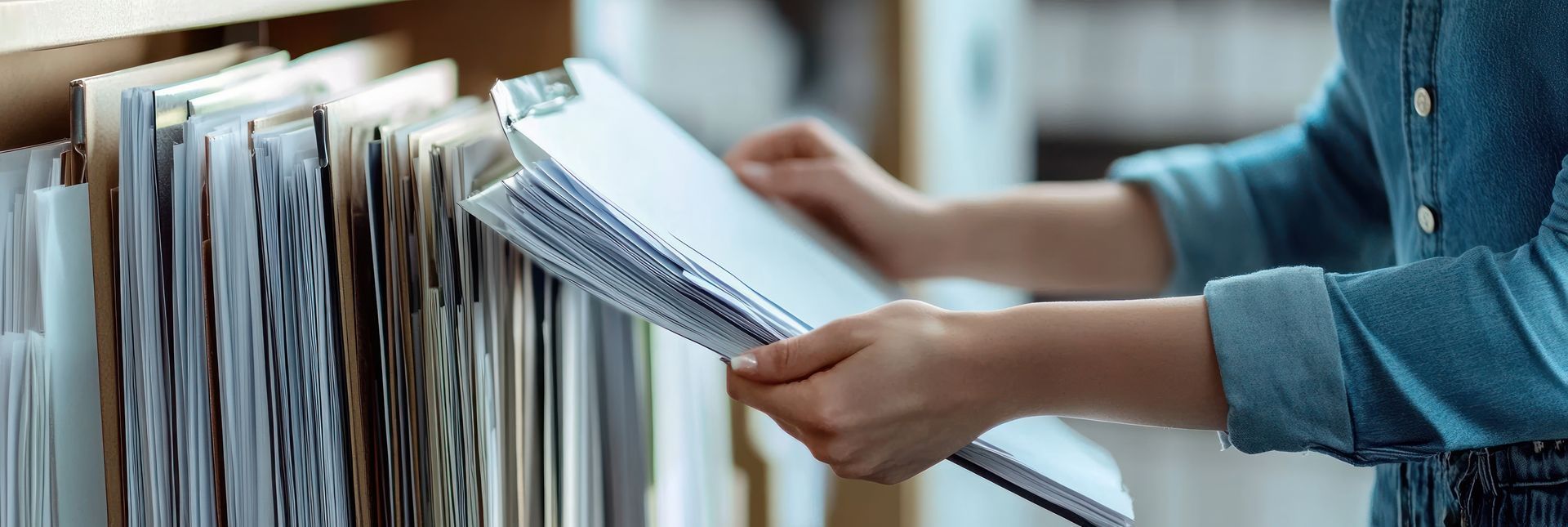 A person holding a stack of papers, presumably from a file, wearing a blue denim shirt.