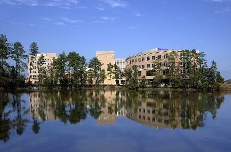 Buildings reflected in a calm lake, framed by trees under a blue sky.