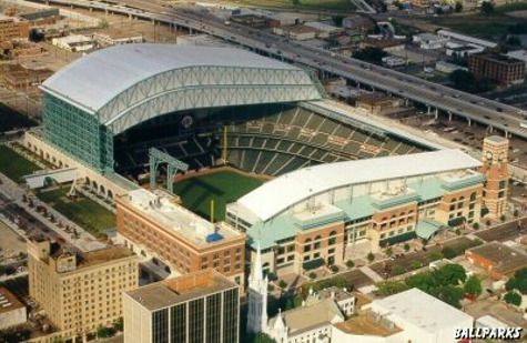 Aerial view of Minute Maid Park, a baseball stadium in Houston, Texas, with open retractable roof.