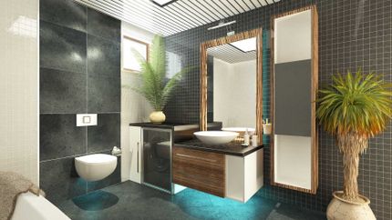 bathroom with black vanities installed