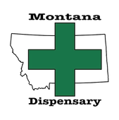 A map outline of Montana with a large, green medical cross in the center, labeled "Montana Dispensary."