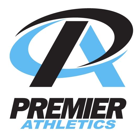 A blue and black logo for premier athletics