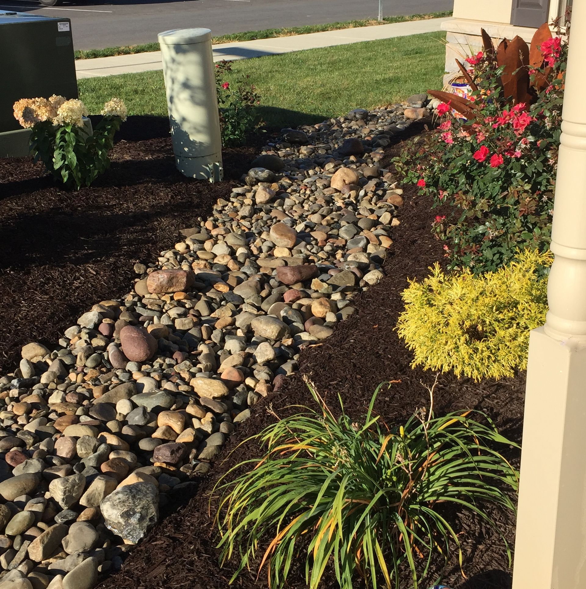 A garden with rocks and flowers in front of a house