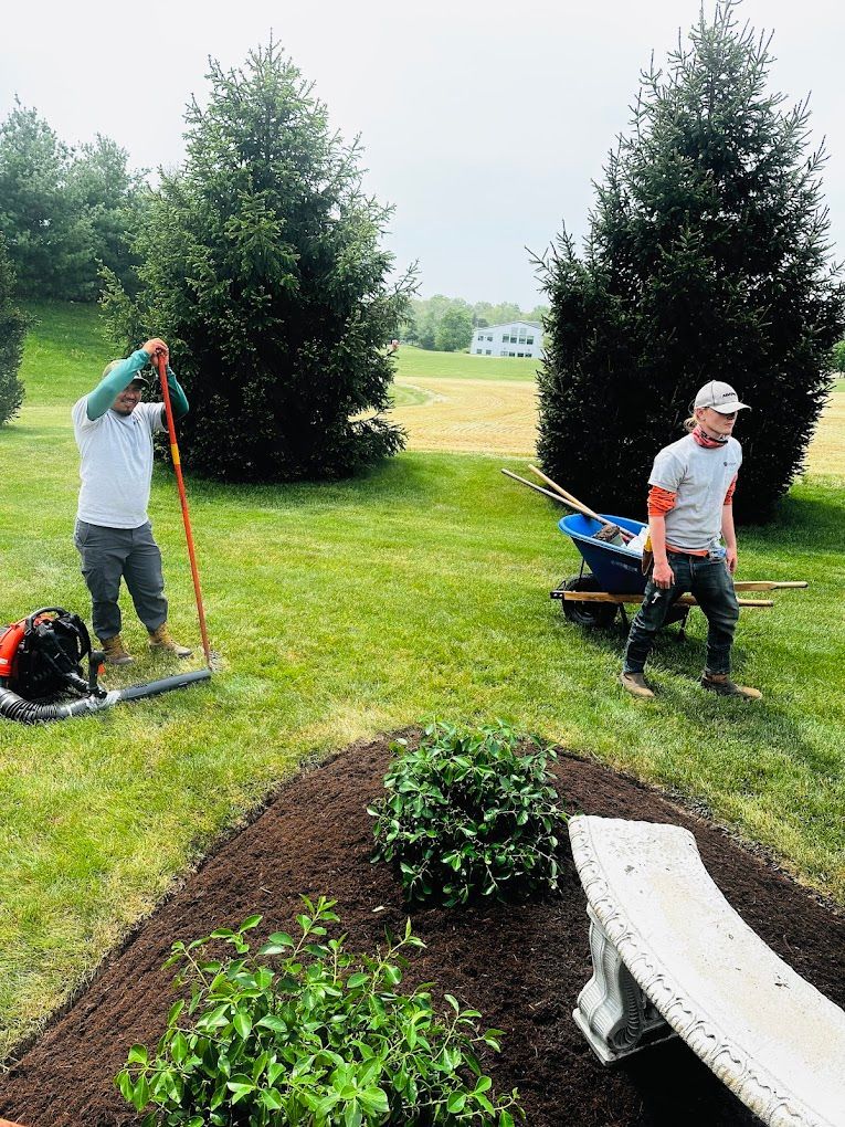 Two men are working in a yard with a rake and a wheelbarrow.