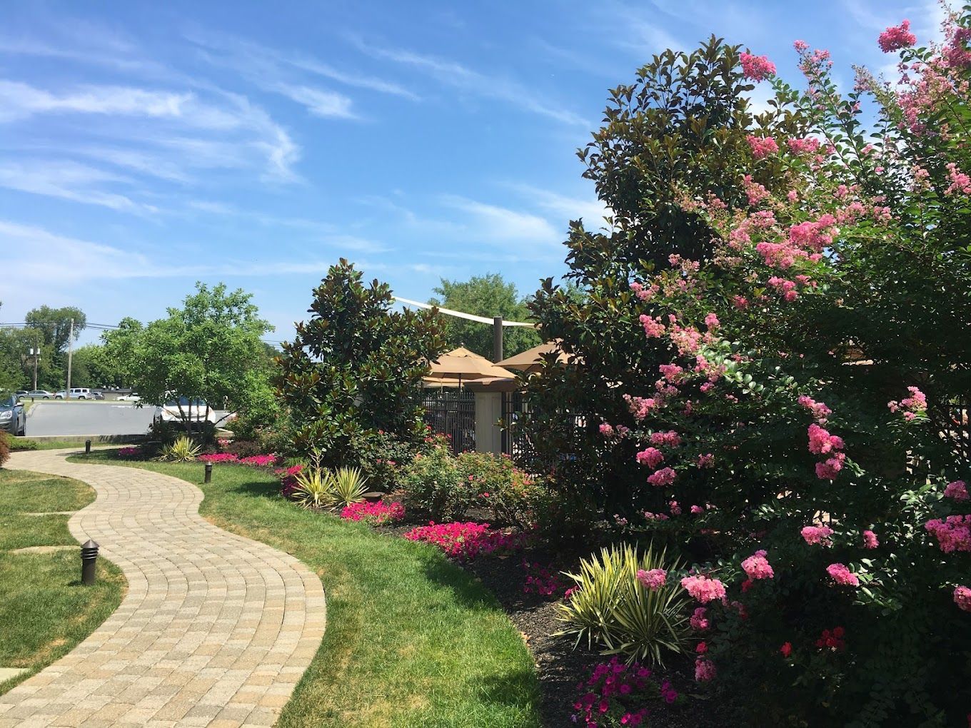 A brick walkway surrounded by flowers and trees on a sunny day.