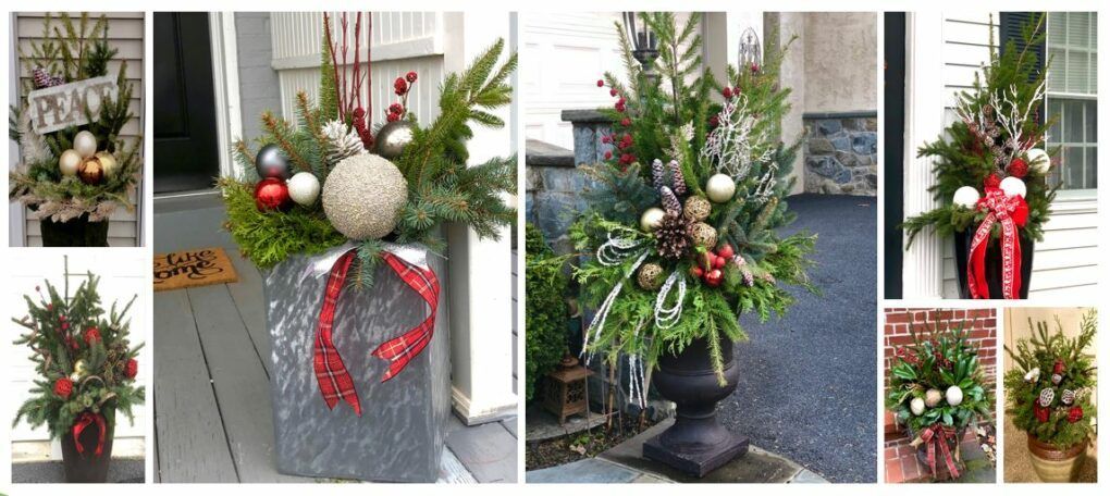 A collage of pictures of christmas planters on a porch.