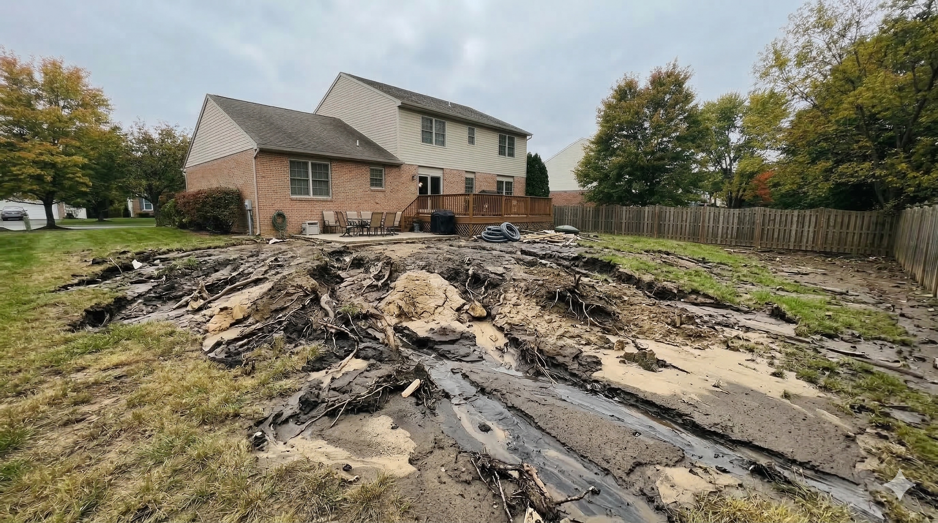 A backyard with a large, muddy construction site featuring churned earth and debris in front of a two-story suburban house.