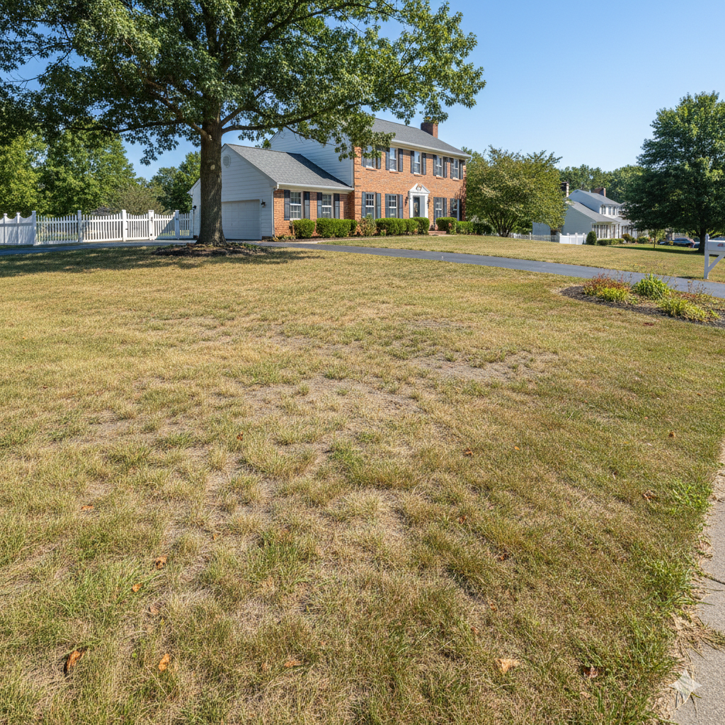 Two-story brick house with a large, dry lawn on a sunny day.