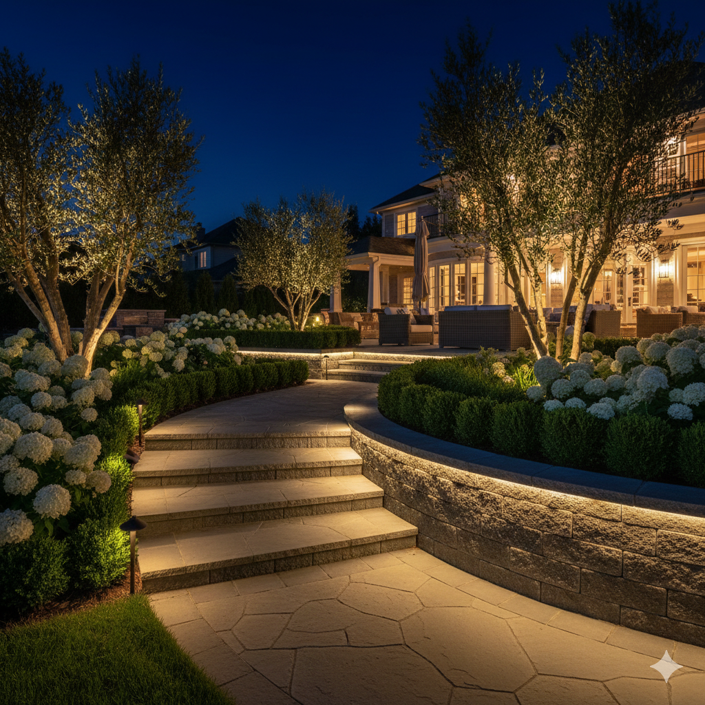 Nighttime exterior of a home with illuminated pathway, stairs, and landscaping.