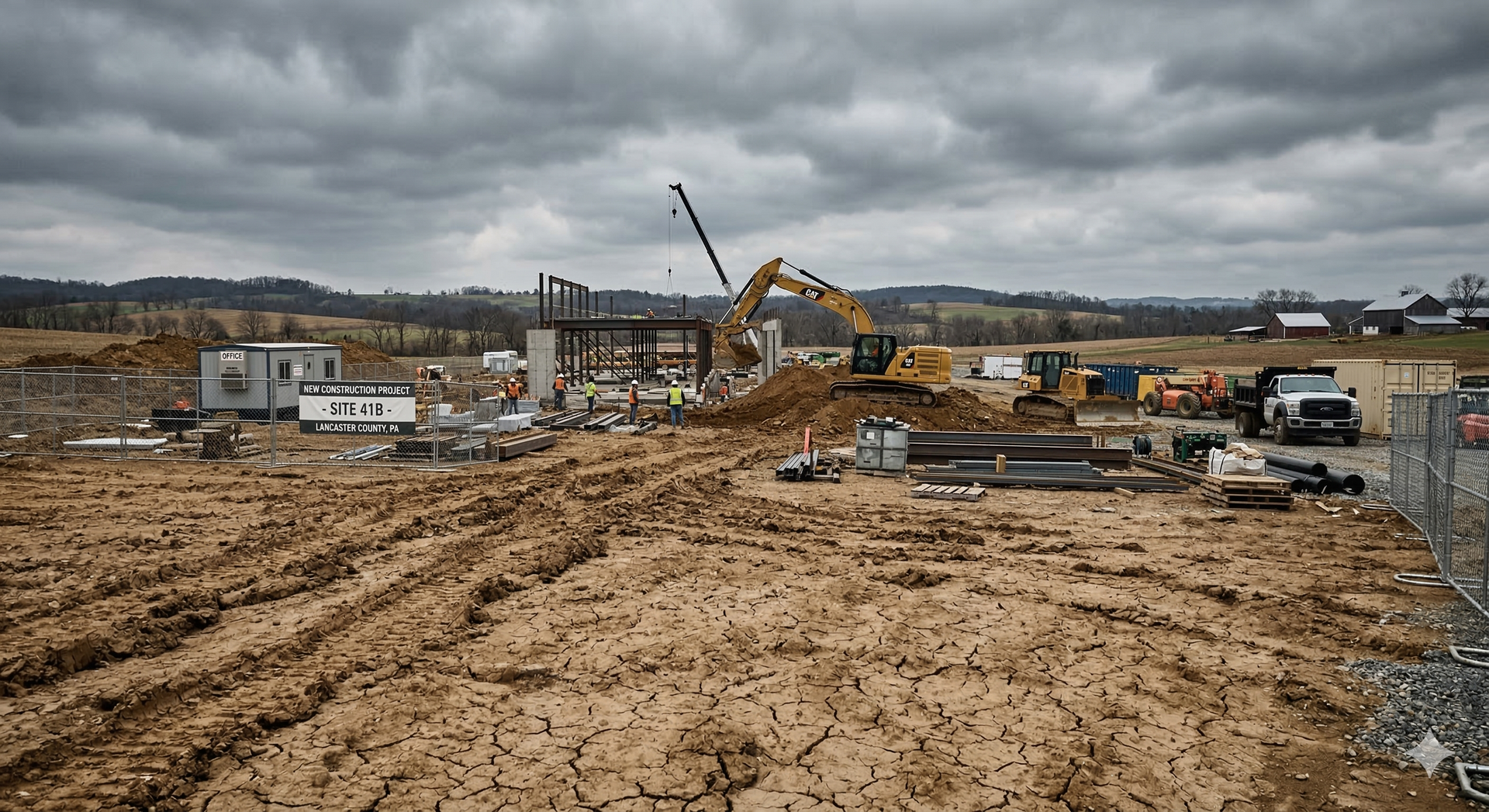A construction site with muddy ground, heavy machinery, and metal framing under a cloudy sky.